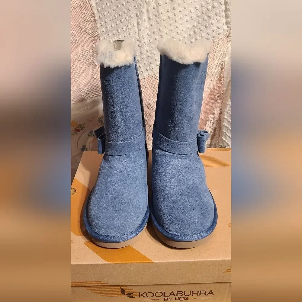 NEW UGG Koolaburra Shearling Sheepskin Bow Ribbon Blue Boots 6 And 10